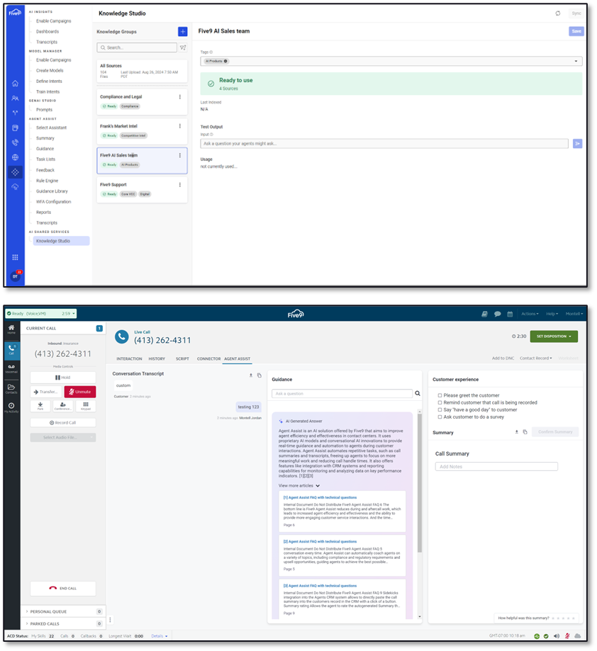 Screenshot of Five9 Knowledge Studio dashboard