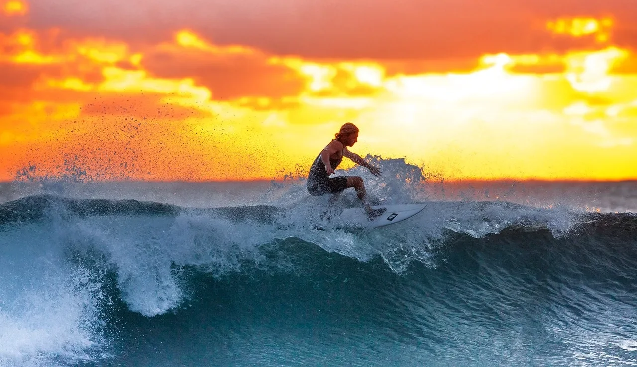 Surfer on wave at sunset 